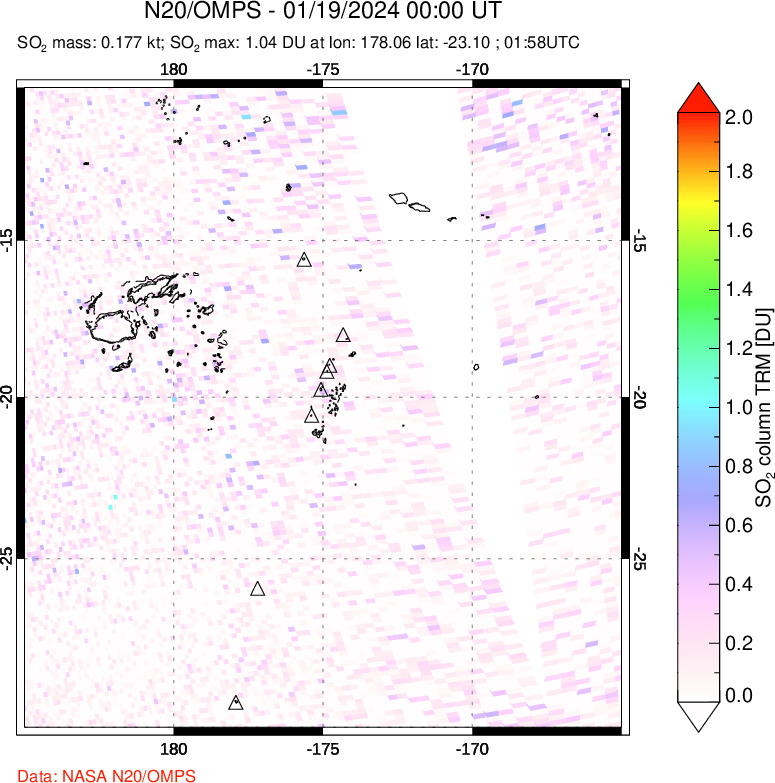 A sulfur dioxide image over Tonga, South Pacific on Jan 19, 2024.