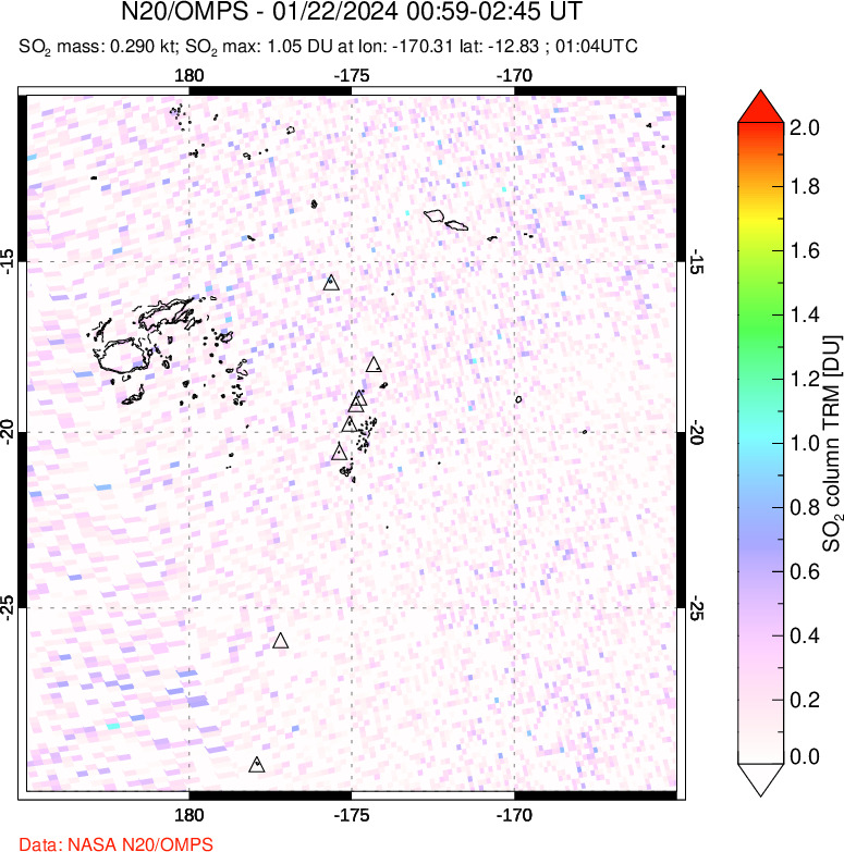 A sulfur dioxide image over Tonga, South Pacific on Jan 22, 2024.