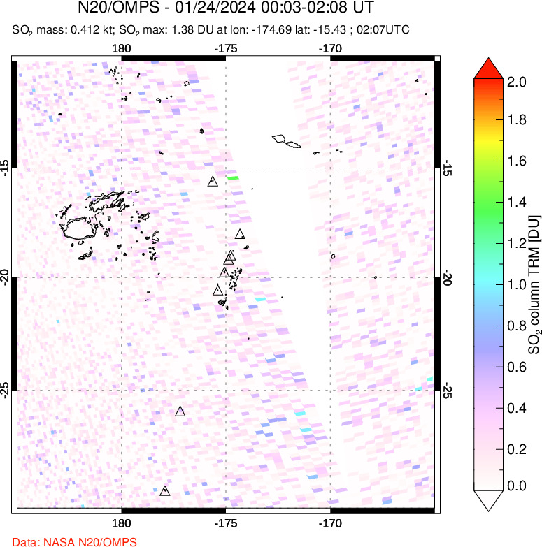 A sulfur dioxide image over Tonga, South Pacific on Jan 24, 2024.