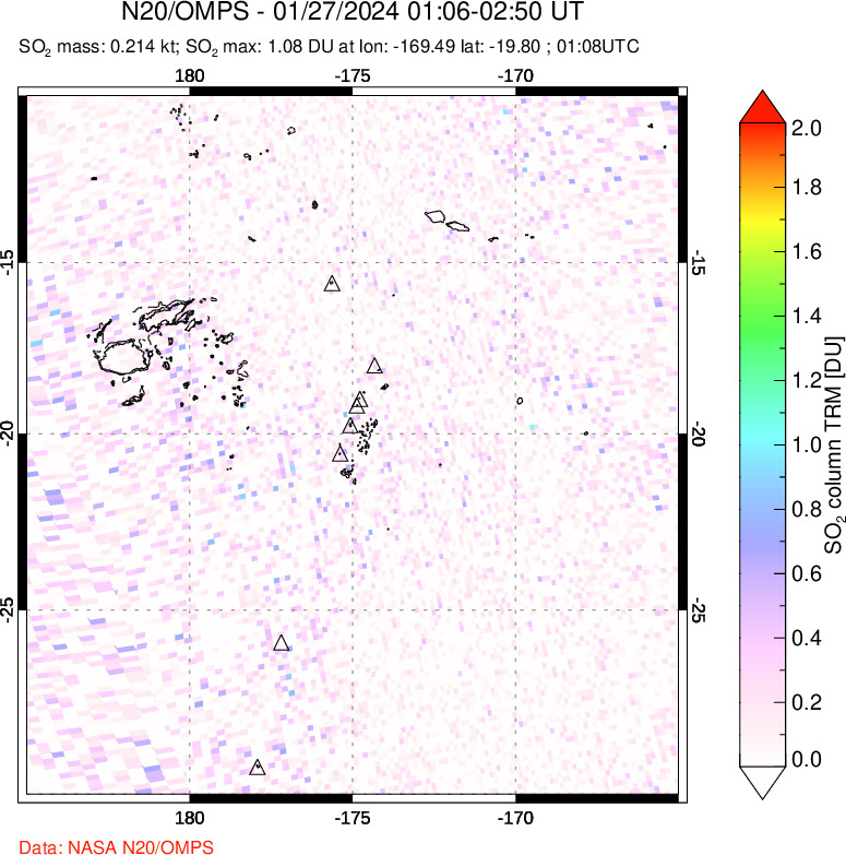 A sulfur dioxide image over Tonga, South Pacific on Jan 27, 2024.