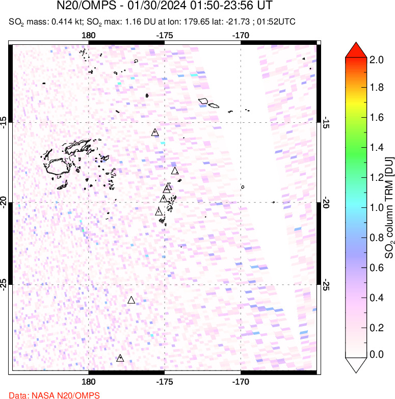 A sulfur dioxide image over Tonga, South Pacific on Jan 30, 2024.