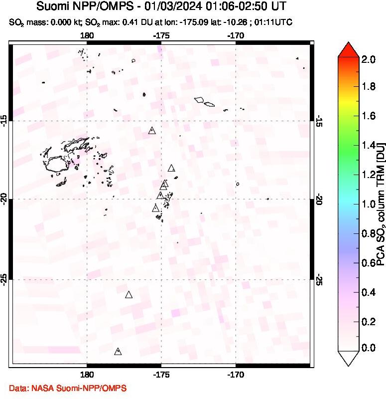 A sulfur dioxide image over Tonga, South Pacific on Jan 03, 2024.