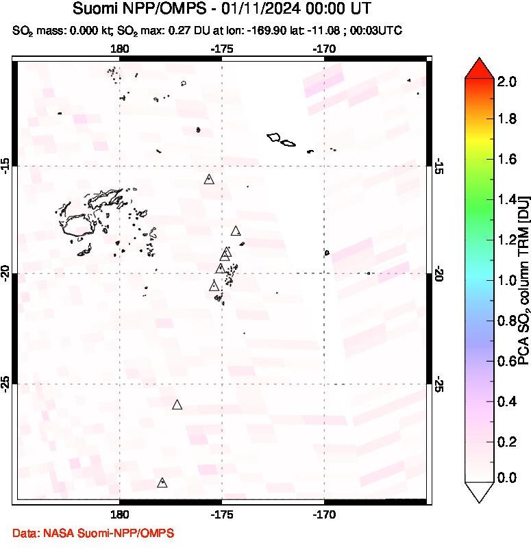 A sulfur dioxide image over Tonga, South Pacific on Jan 11, 2024.