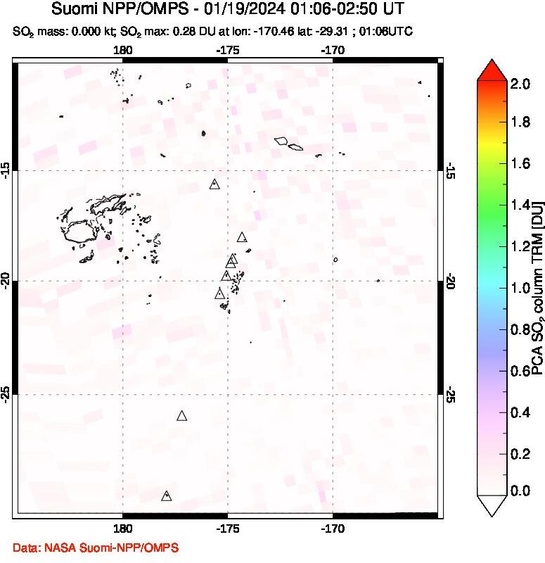 A sulfur dioxide image over Tonga, South Pacific on Jan 19, 2024.