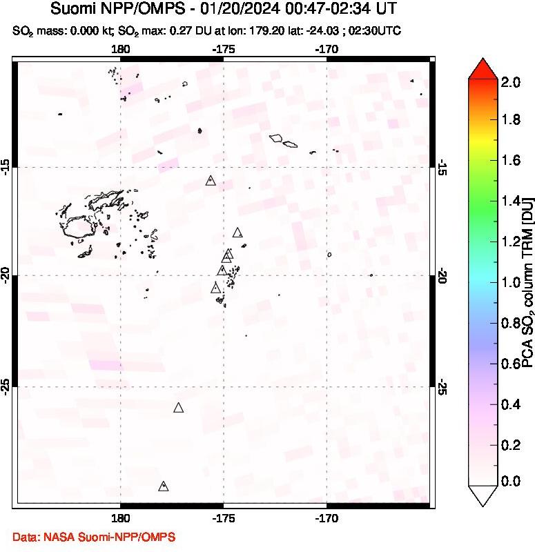 A sulfur dioxide image over Tonga, South Pacific on Jan 20, 2024.