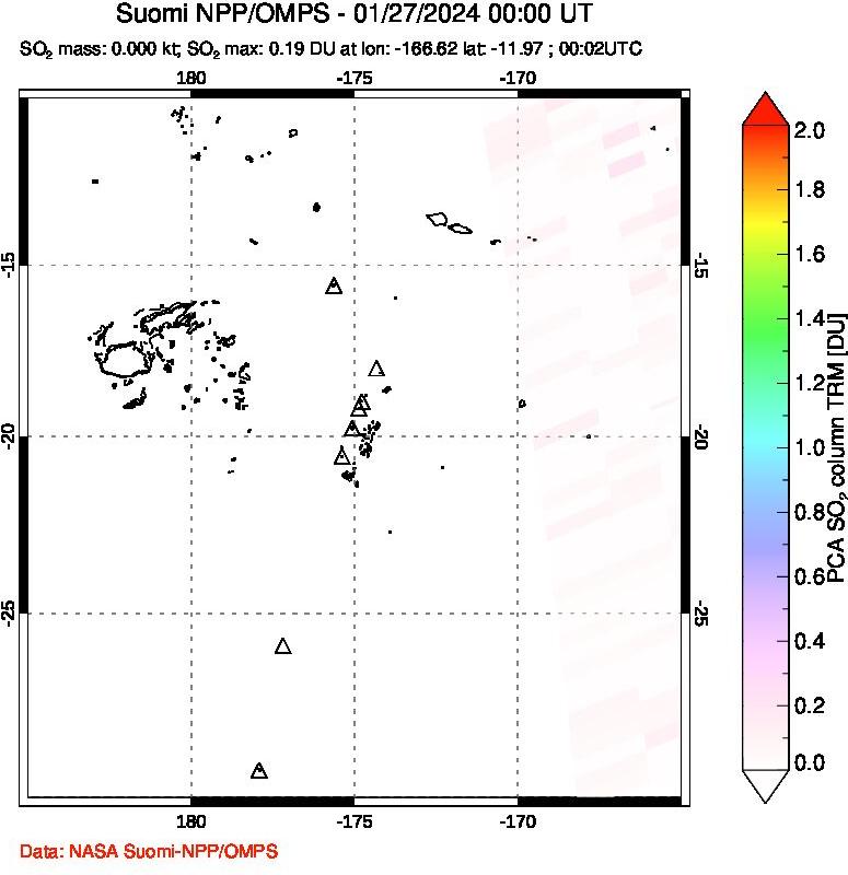 A sulfur dioxide image over Tonga, South Pacific on Jan 27, 2024.