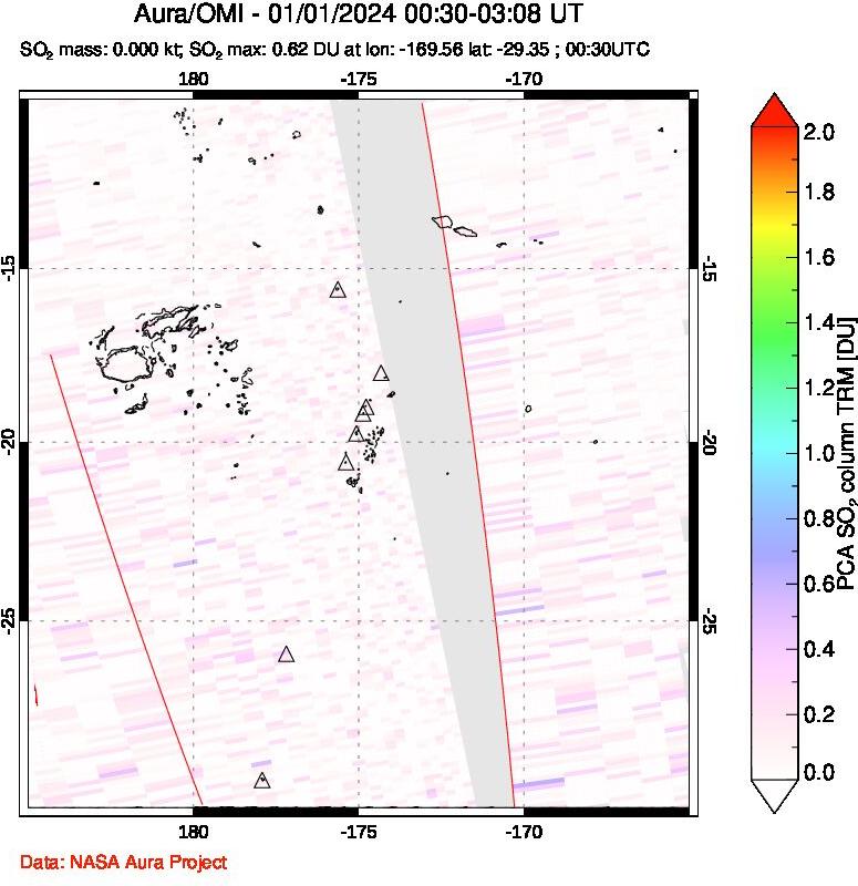 A sulfur dioxide image over Tonga, South Pacific on Jan 01, 2024.