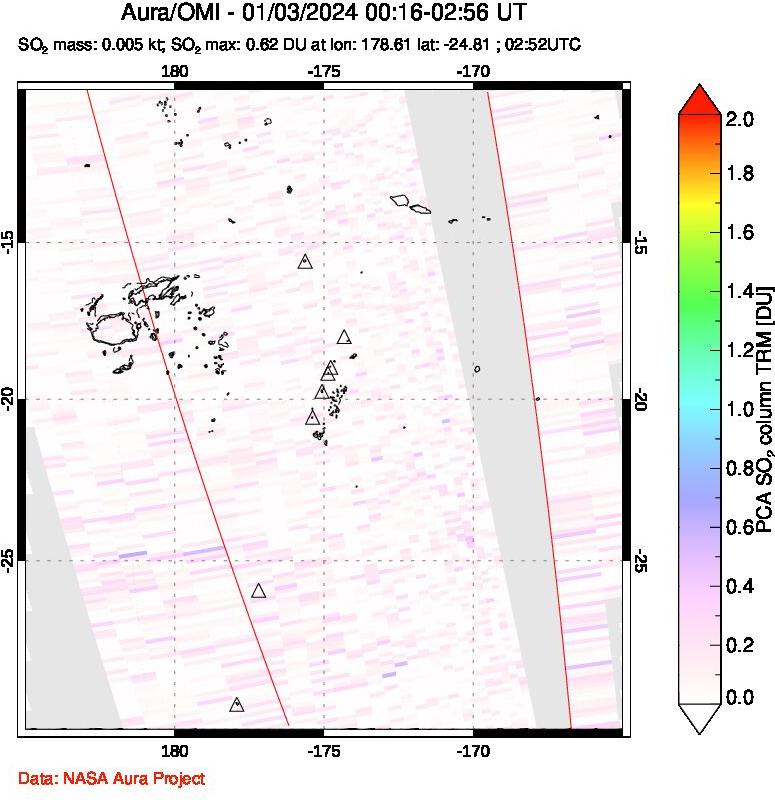 A sulfur dioxide image over Tonga, South Pacific on Jan 03, 2024.