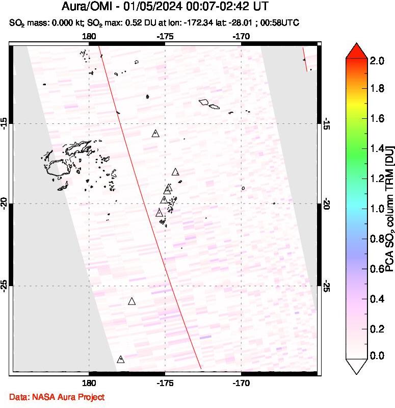 A sulfur dioxide image over Tonga, South Pacific on Jan 05, 2024.