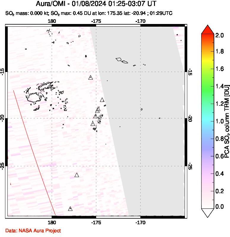 A sulfur dioxide image over Tonga, South Pacific on Jan 08, 2024.