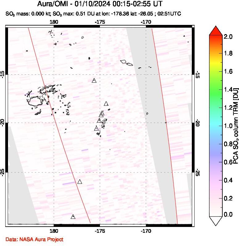 A sulfur dioxide image over Tonga, South Pacific on Jan 10, 2024.