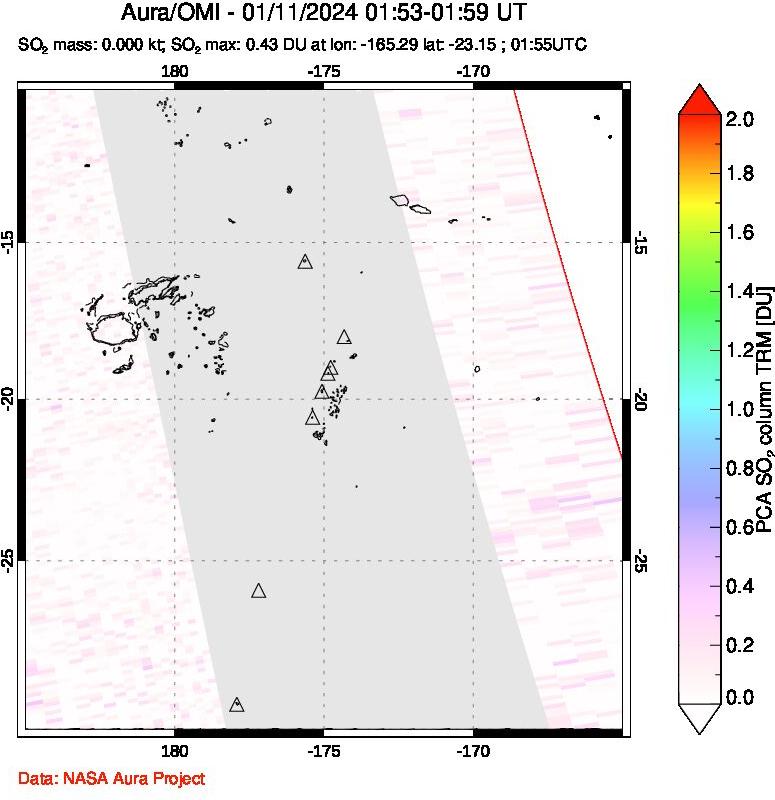 A sulfur dioxide image over Tonga, South Pacific on Jan 11, 2024.