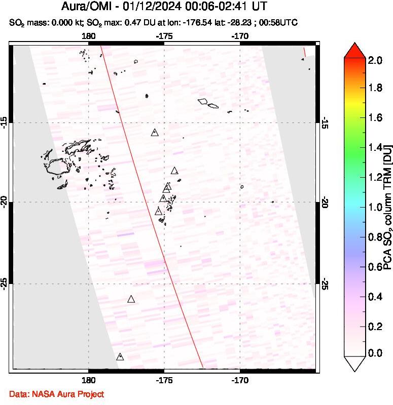 A sulfur dioxide image over Tonga, South Pacific on Jan 12, 2024.