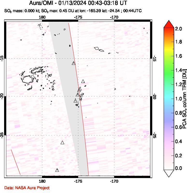 A sulfur dioxide image over Tonga, South Pacific on Jan 13, 2024.