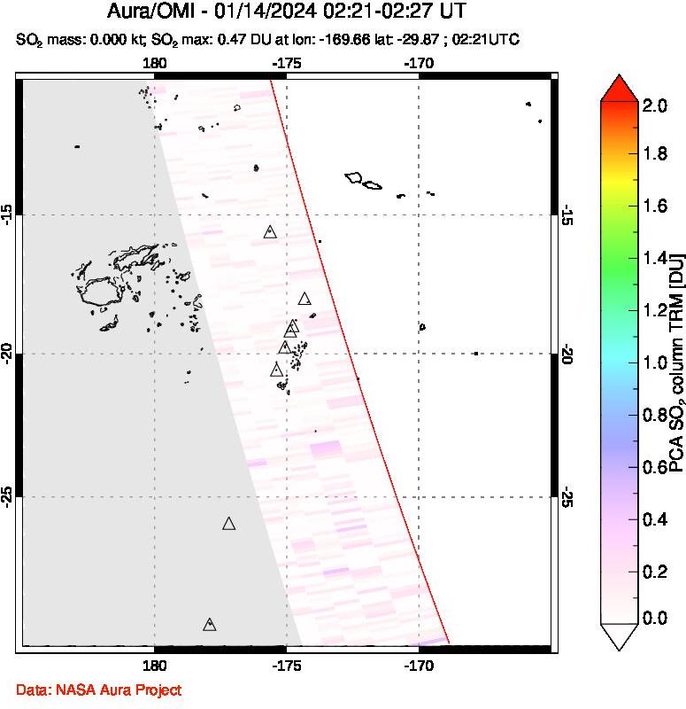 A sulfur dioxide image over Tonga, South Pacific on Jan 14, 2024.