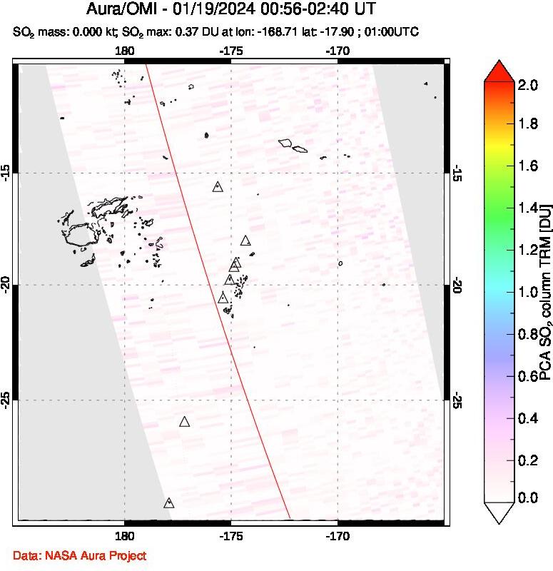 A sulfur dioxide image over Tonga, South Pacific on Jan 19, 2024.