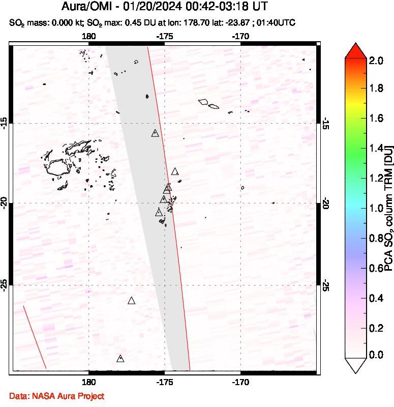 A sulfur dioxide image over Tonga, South Pacific on Jan 20, 2024.