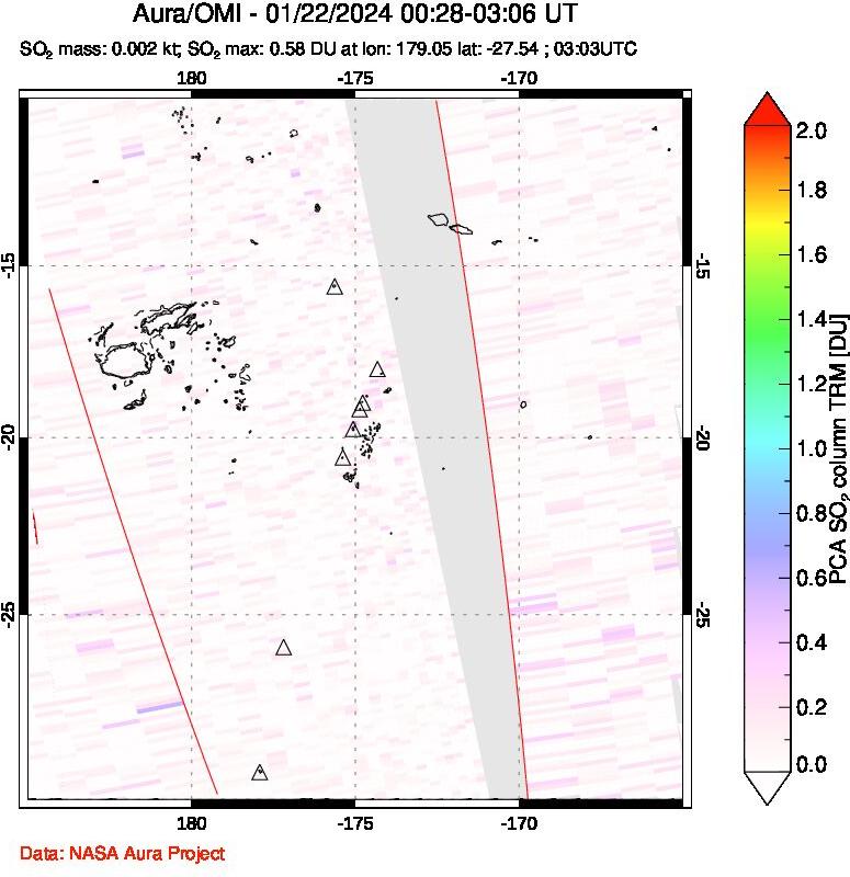 A sulfur dioxide image over Tonga, South Pacific on Jan 22, 2024.