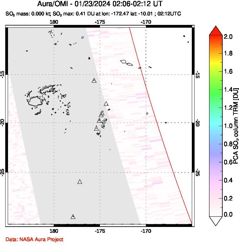 A sulfur dioxide image over Tonga, South Pacific on Jan 23, 2024.