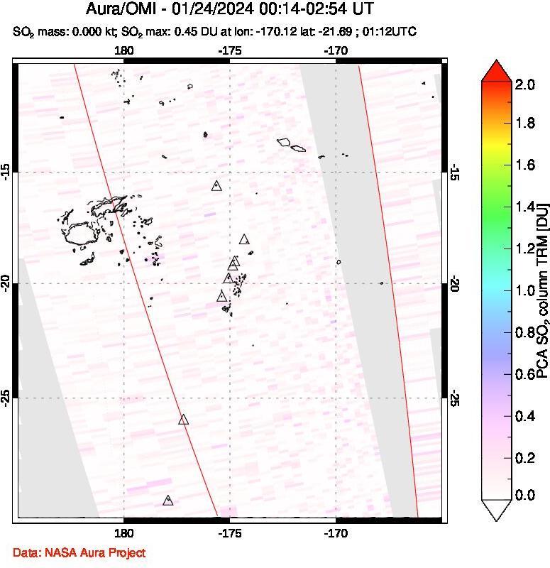 A sulfur dioxide image over Tonga, South Pacific on Jan 24, 2024.