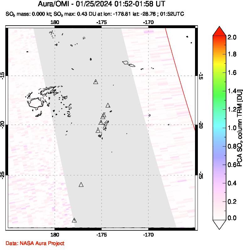 A sulfur dioxide image over Tonga, South Pacific on Jan 25, 2024.