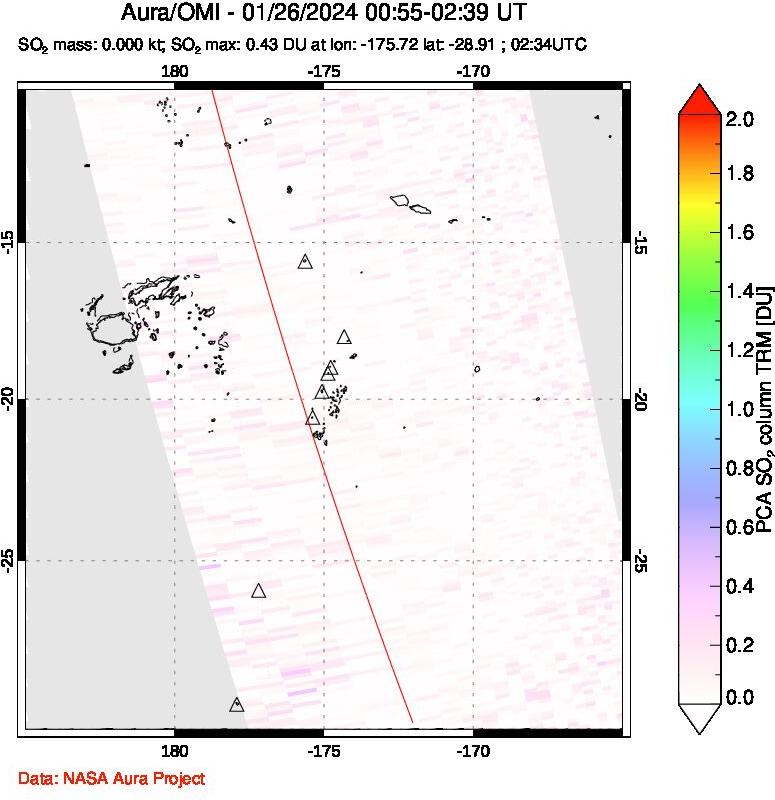 A sulfur dioxide image over Tonga, South Pacific on Jan 26, 2024.