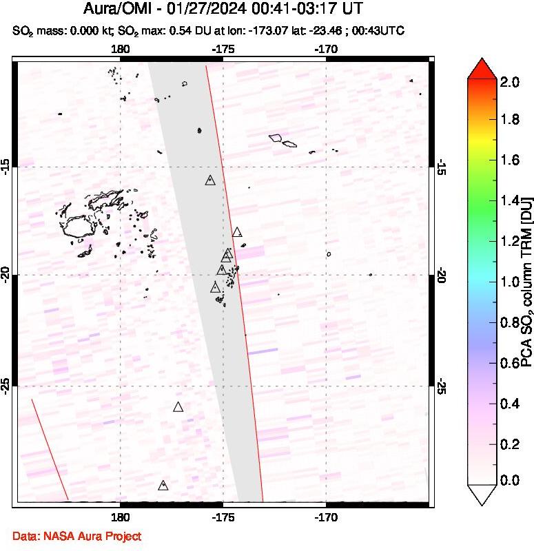 A sulfur dioxide image over Tonga, South Pacific on Jan 27, 2024.