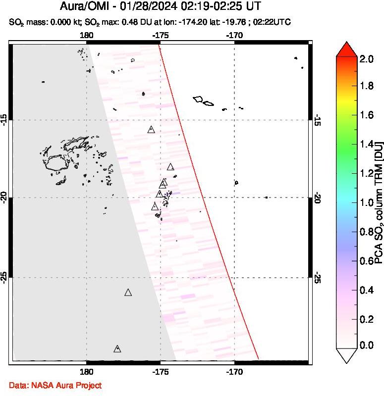 A sulfur dioxide image over Tonga, South Pacific on Jan 28, 2024.