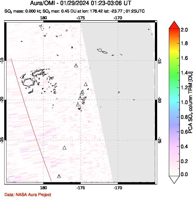 A sulfur dioxide image over Tonga, South Pacific on Jan 29, 2024.