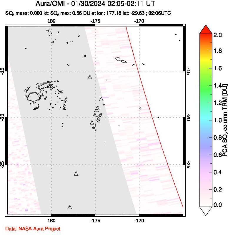 A sulfur dioxide image over Tonga, South Pacific on Jan 30, 2024.