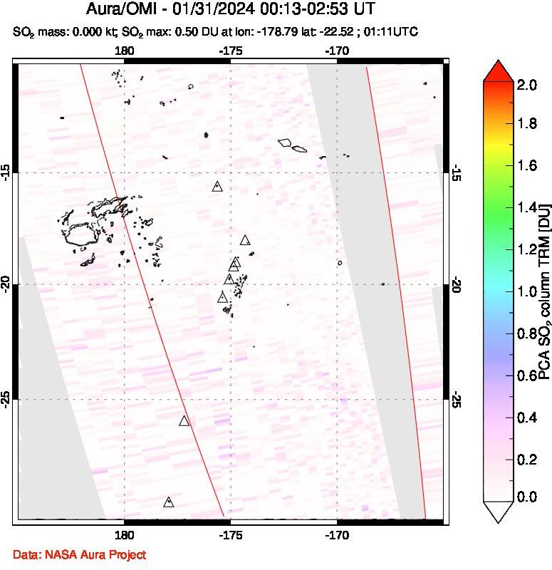 A sulfur dioxide image over Tonga, South Pacific on Jan 31, 2024.