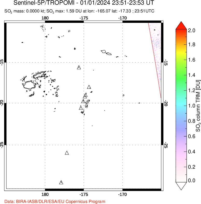 A sulfur dioxide image over Tonga, South Pacific on Jan 01, 2024.