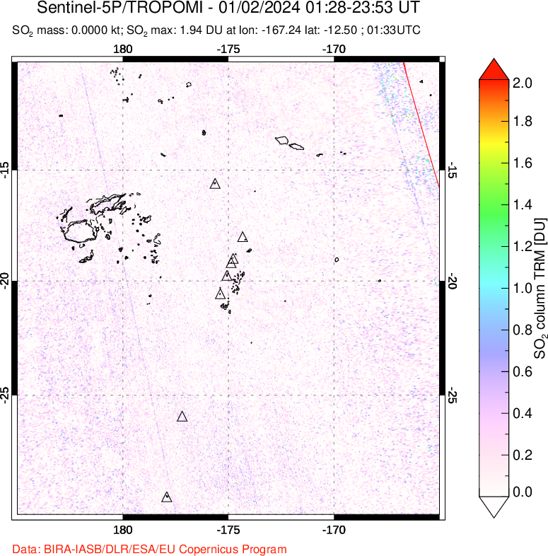 A sulfur dioxide image over Tonga, South Pacific on Jan 02, 2024.