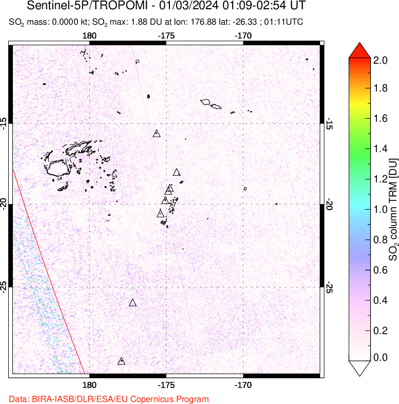 A sulfur dioxide image over Tonga, South Pacific on Jan 03, 2024.