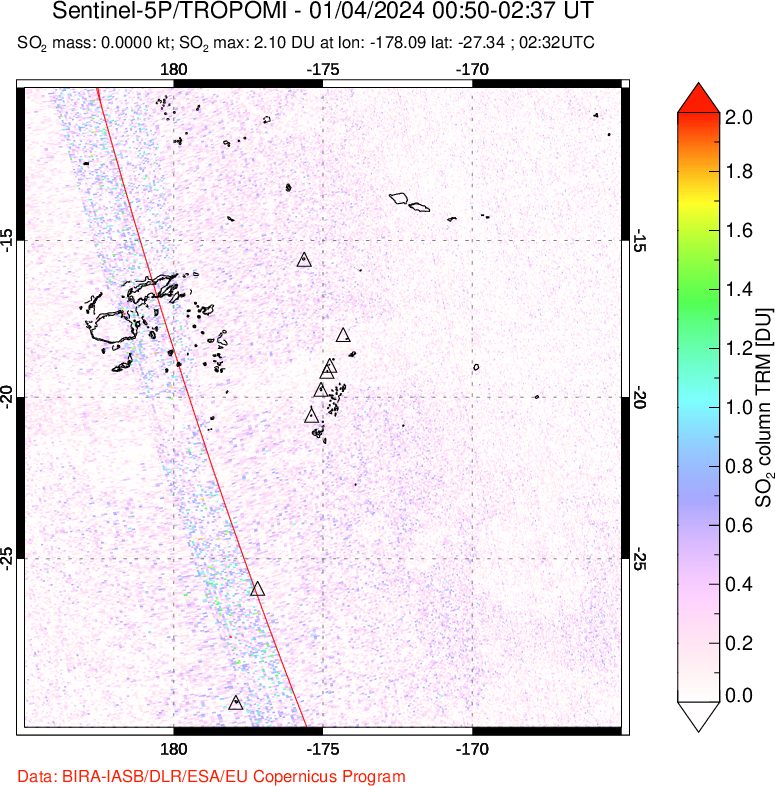 A sulfur dioxide image over Tonga, South Pacific on Jan 04, 2024.