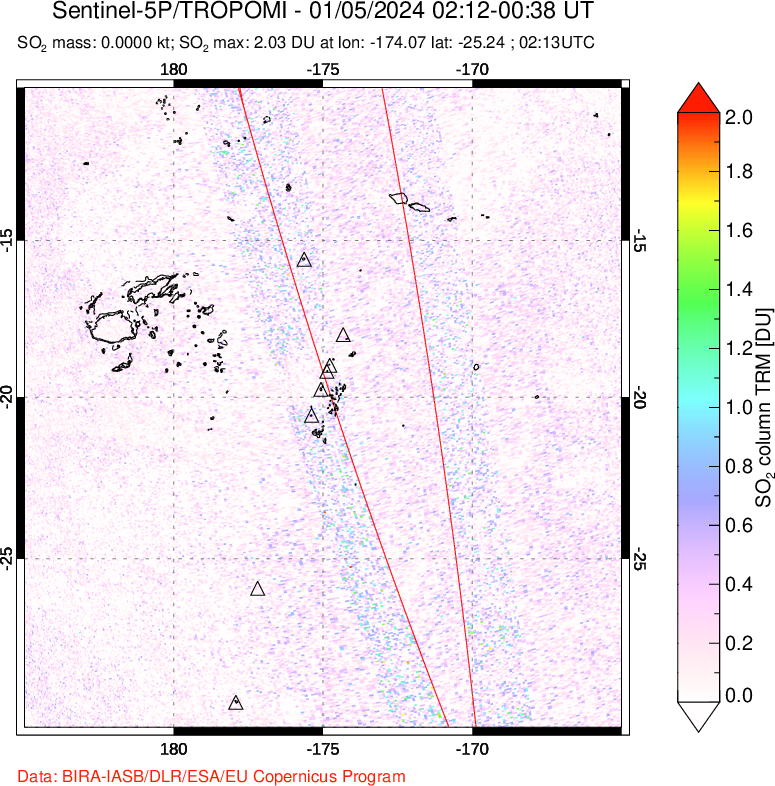 A sulfur dioxide image over Tonga, South Pacific on Jan 05, 2024.