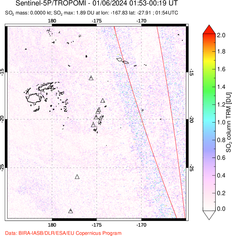 A sulfur dioxide image over Tonga, South Pacific on Jan 06, 2024.