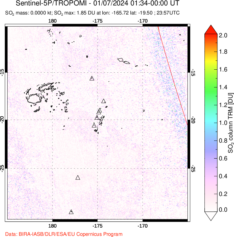 A sulfur dioxide image over Tonga, South Pacific on Jan 07, 2024.