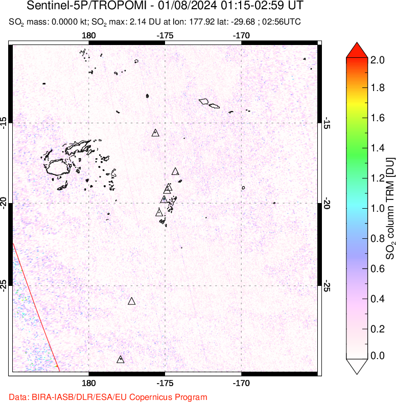 A sulfur dioxide image over Tonga, South Pacific on Jan 08, 2024.