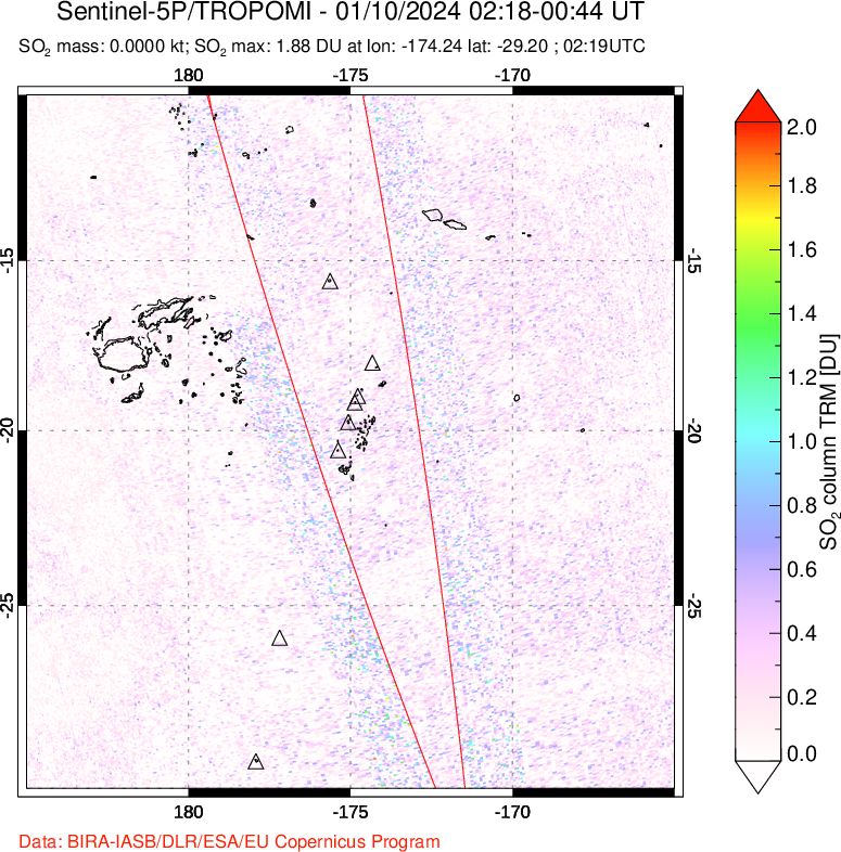 A sulfur dioxide image over Tonga, South Pacific on Jan 10, 2024.