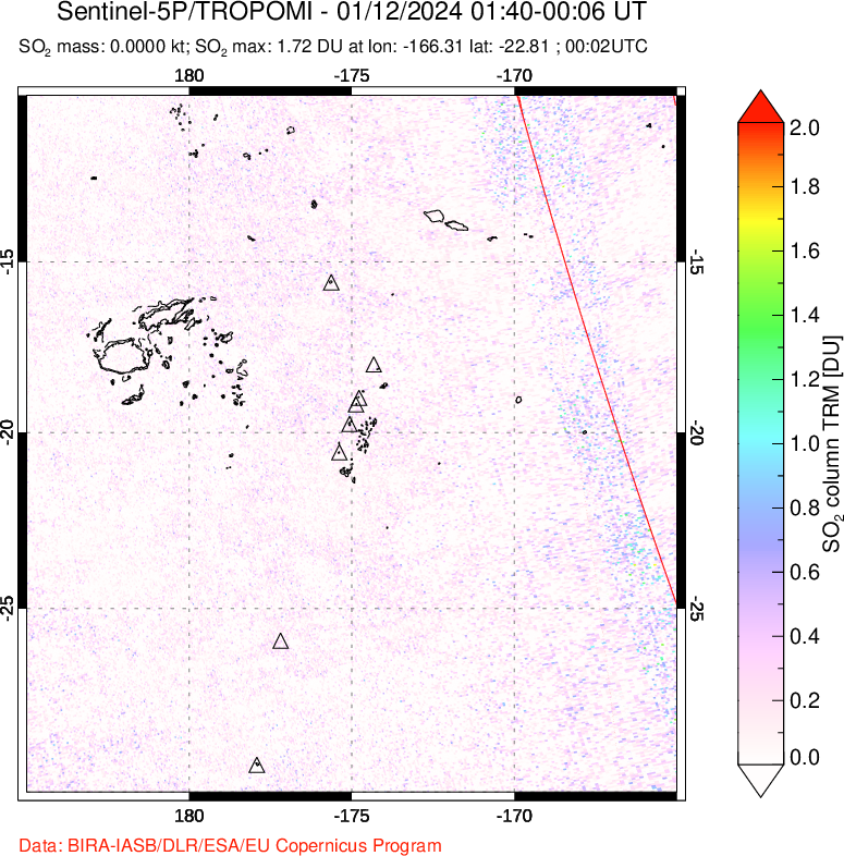 A sulfur dioxide image over Tonga, South Pacific on Jan 12, 2024.