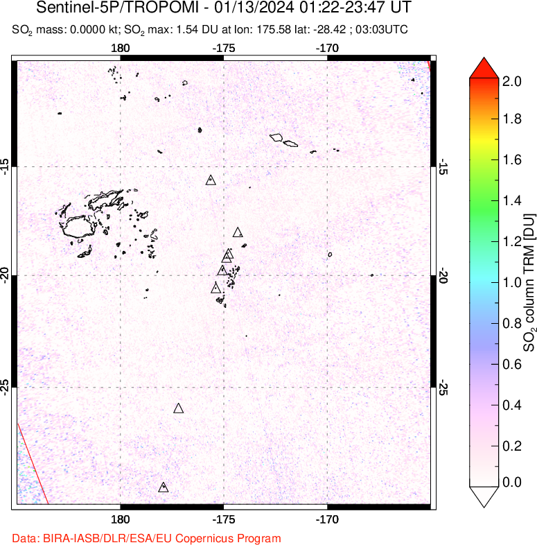 A sulfur dioxide image over Tonga, South Pacific on Jan 13, 2024.