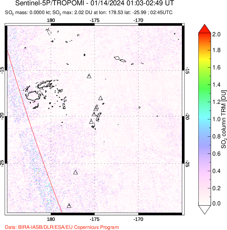 A sulfur dioxide image over Tonga, South Pacific on Jan 14, 2024.