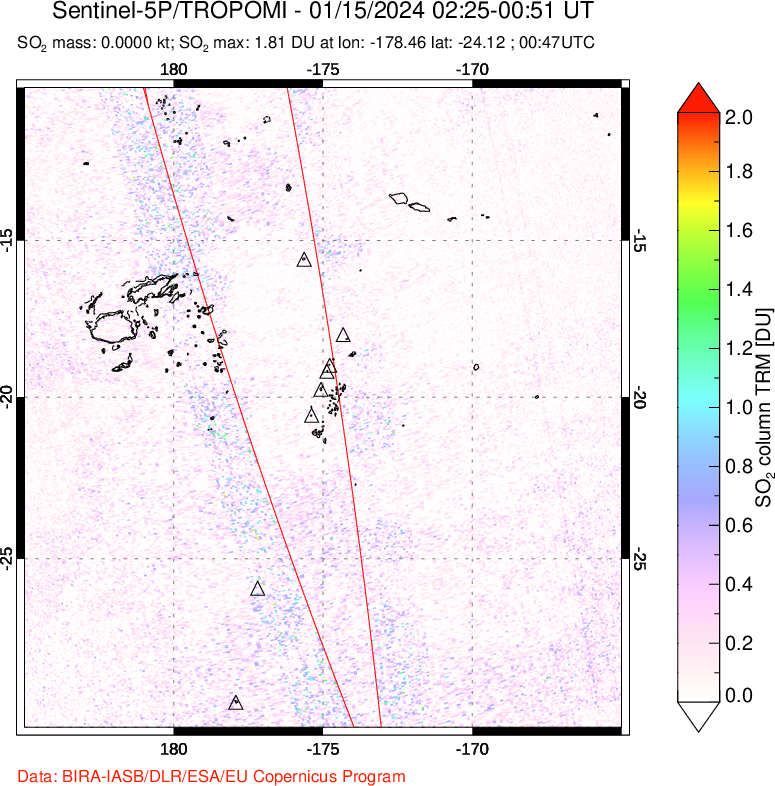 A sulfur dioxide image over Tonga, South Pacific on Jan 15, 2024.