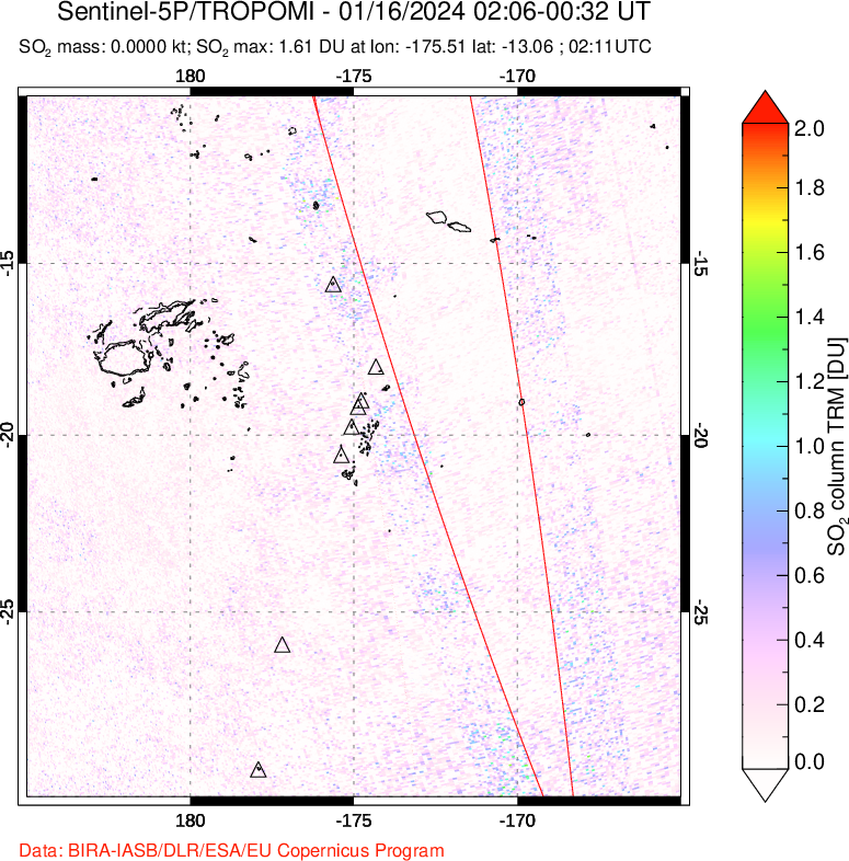 A sulfur dioxide image over Tonga, South Pacific on Jan 16, 2024.