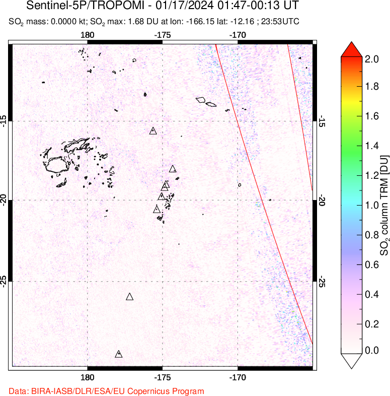 A sulfur dioxide image over Tonga, South Pacific on Jan 17, 2024.