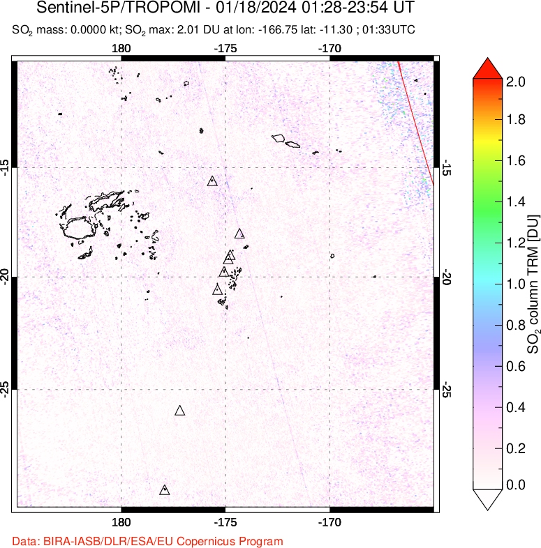 A sulfur dioxide image over Tonga, South Pacific on Jan 18, 2024.