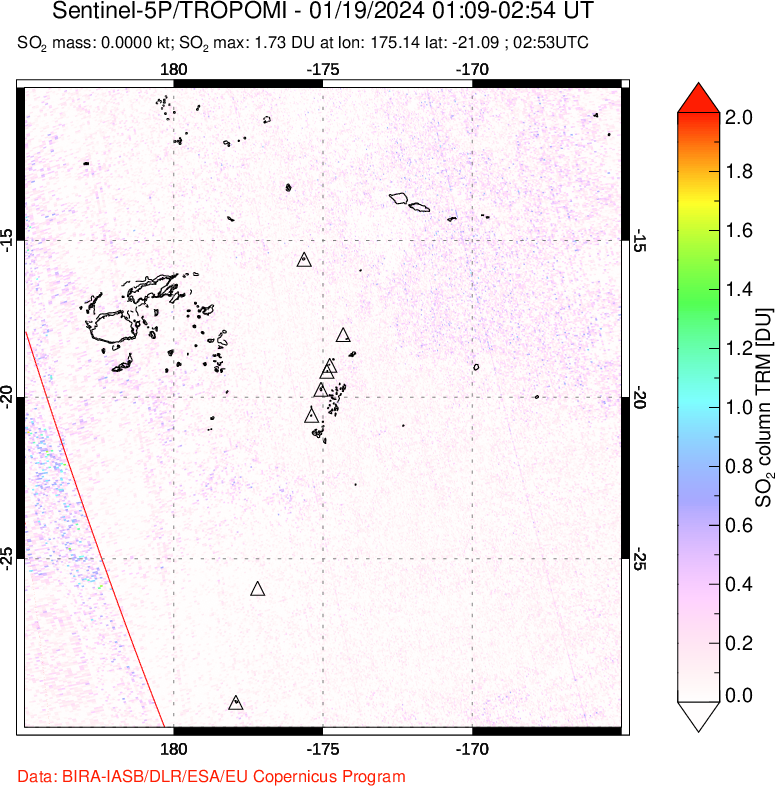 A sulfur dioxide image over Tonga, South Pacific on Jan 19, 2024.