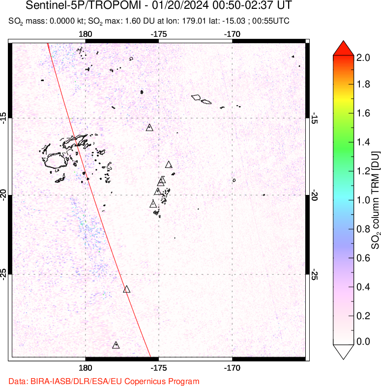 A sulfur dioxide image over Tonga, South Pacific on Jan 20, 2024.