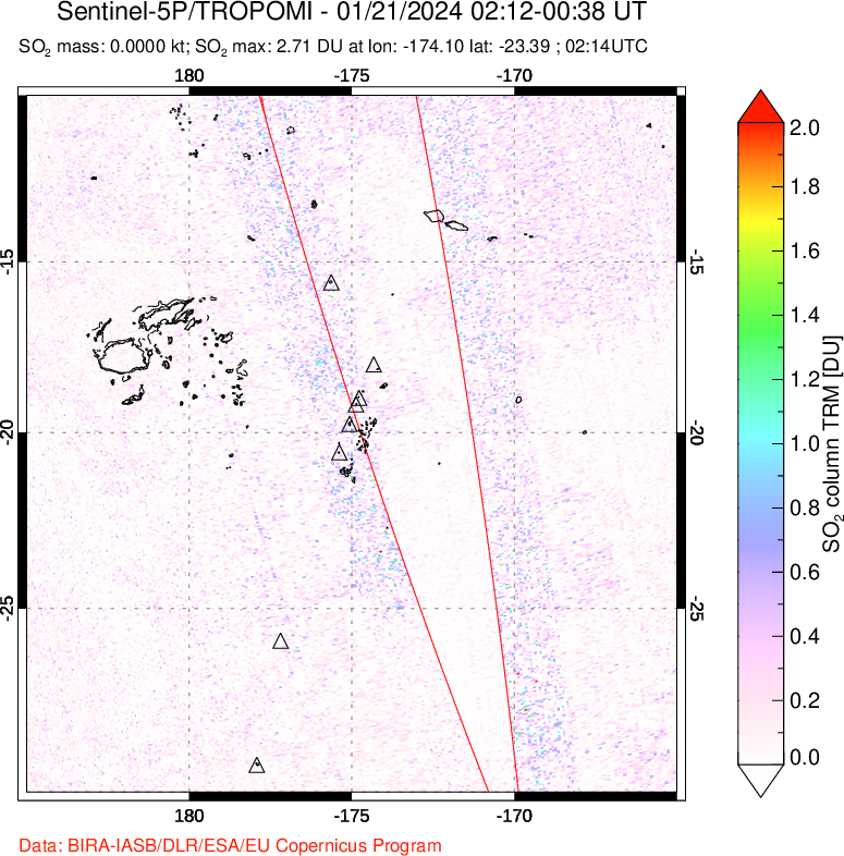 A sulfur dioxide image over Tonga, South Pacific on Jan 21, 2024.